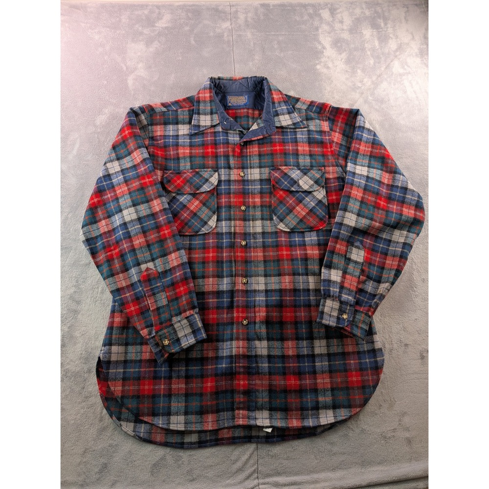 VTG Pendleton Mens Wool Plaid Button Down Shirt Red Blue Grey Size L USA Made